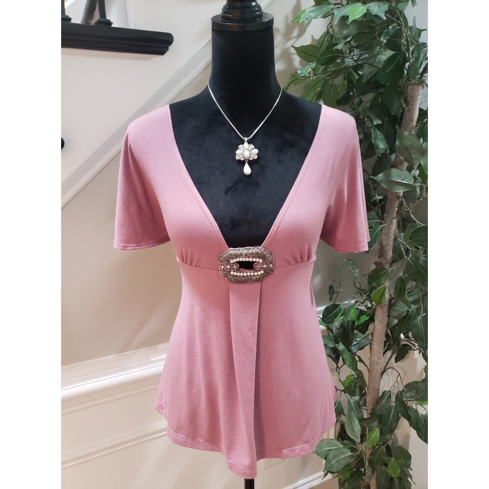 Voice Blouse Top Womens XL Pink Embellished O Ring Detail Deep V Neck Backless